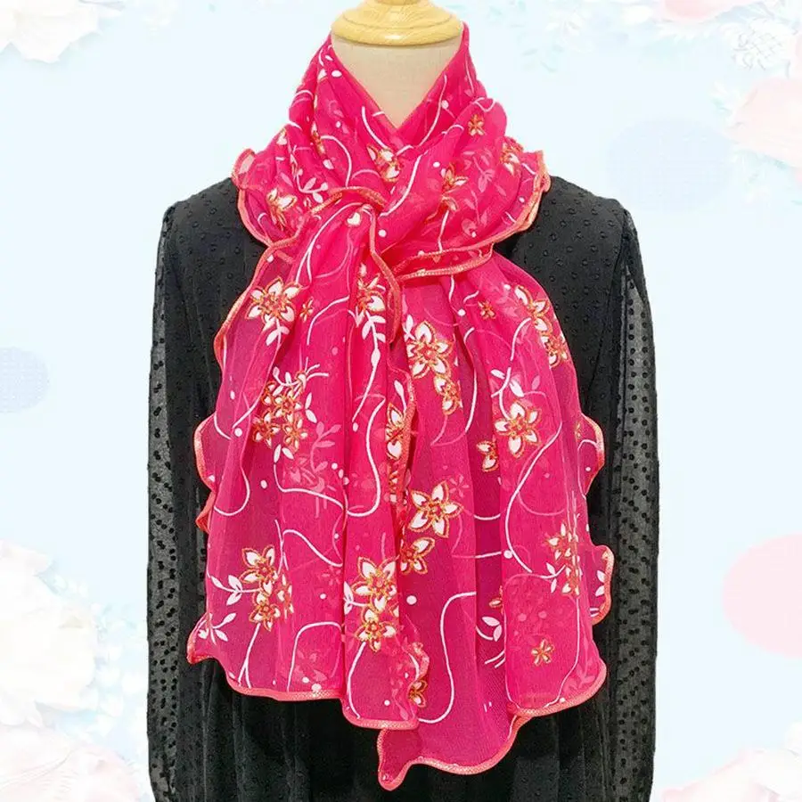 

Легкий хиджаб, солнцезащитный платок, шарфы на шею, шифоновый шарф с рюшами и цветочным принтом, шаль с вышивкой и цветами, бандана 50*160 см