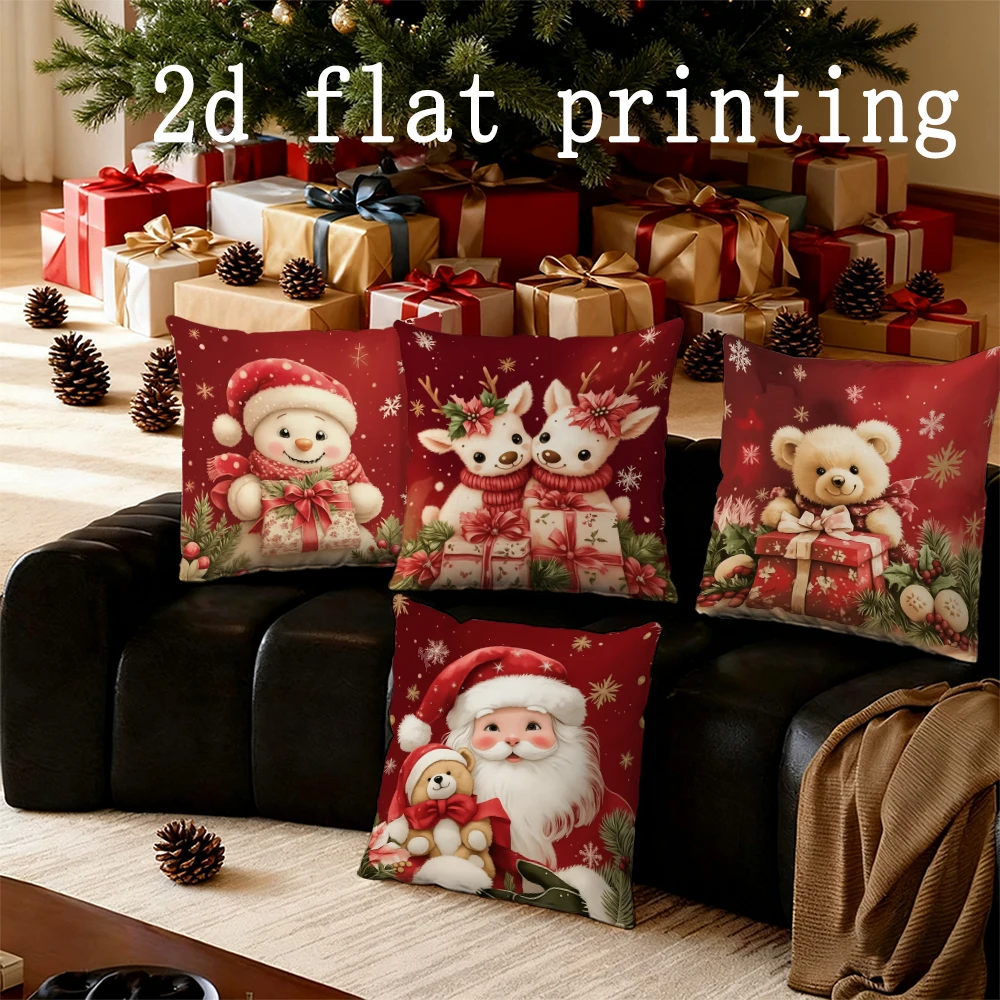 Home Decor Christmas-themed Cute Animals & Santa Pillows Pattern Cushion Cover Suitable for Sofa Bedroom Car Pillow Cover