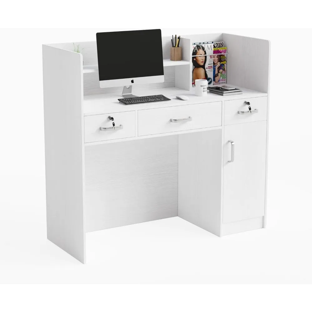 

OmySalon Modern Reception Desk, Front Desk Counter with Lockable Drawers and Moveable Shelves, Receptionist Desk