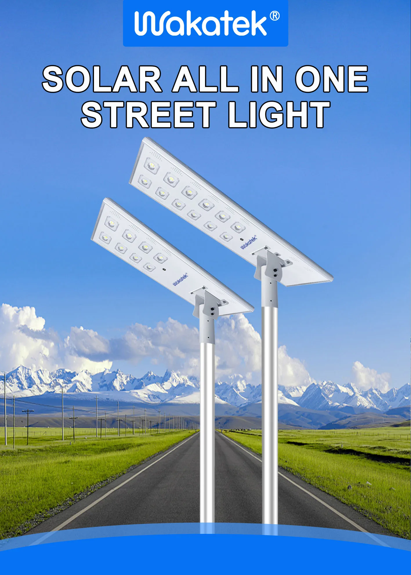 WAKATEK Hot Sale Pole Set Price Road 100w 120w 160w All In One Led Energy Saving Street Light Outdoor Solar Light