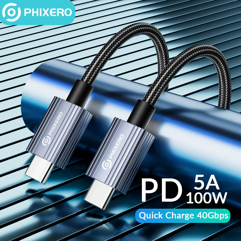 PHIXERO 40Gbps 100W USB Type C To USB C Zinc Alloy Cable with E-Marker Chip Faster Charging Line For Samsung Xiaomi Phone Laptop