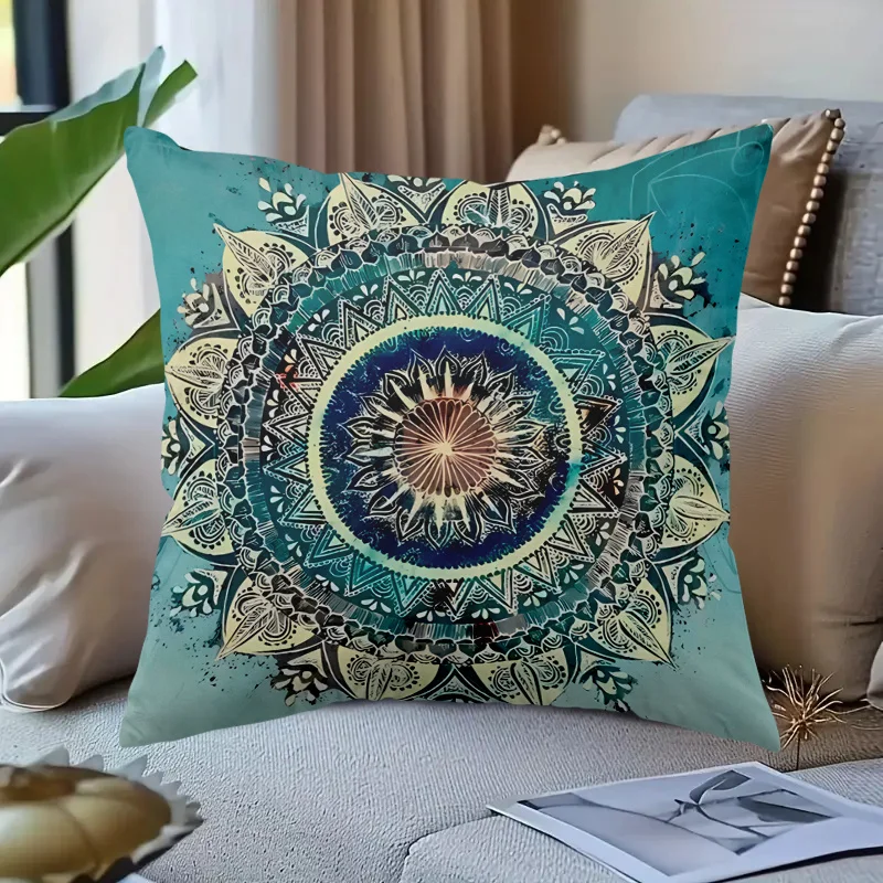 1PC Traditional Blue Mandala Print Pillow Cover, for Bed, Sofa & Home Decor (Pillow Insert Not Included)