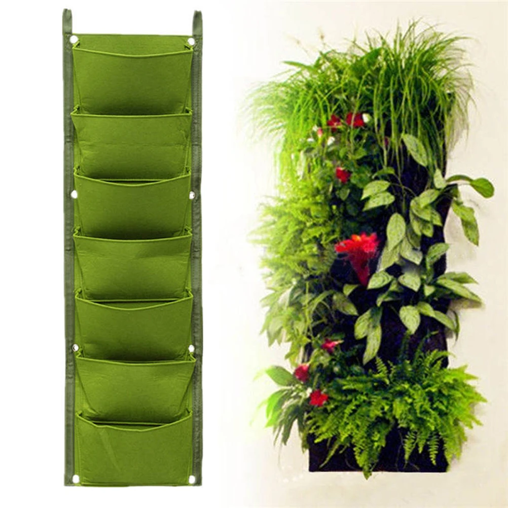 

Wall Mounted Planting Bag 7 Pockets Thickened Felt Reusable Water Retention Vertical Garden Indoor Outdoor Gardening