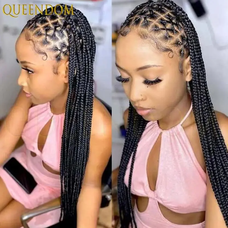 36 بوصة كامل الدانتيل شعر مستعار أمامي متقاطع جديلة شعر مستعار الاصطناعية آلهة صندوق شعر مستعار مضفر للنساء السود فو كورنو لوكس شعر مستعار