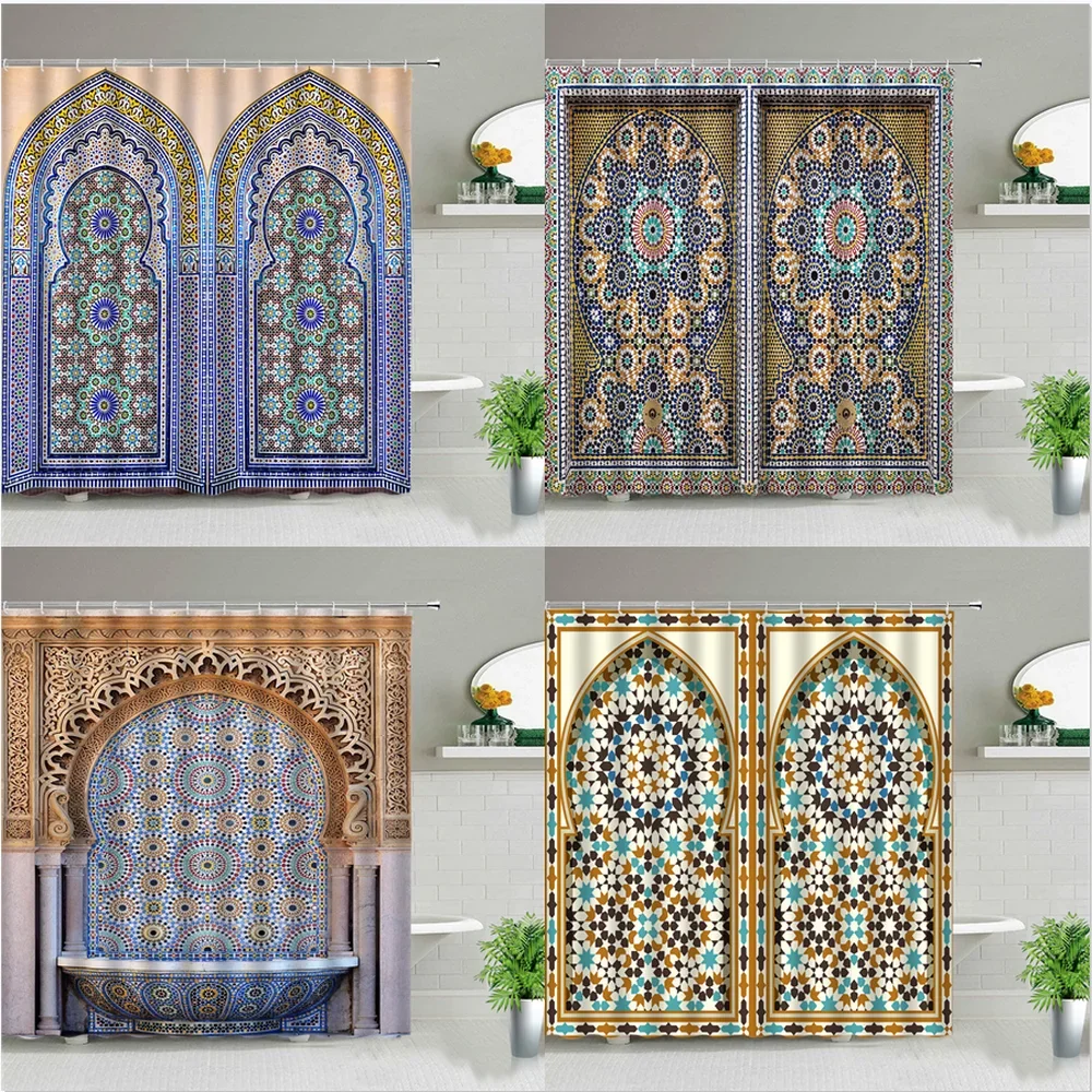 Bohemian Mandala Shower Curtain Morocco National Style Antique Door Bathroom Curtains Waterproof Fabric Bathtub Screen With Hook