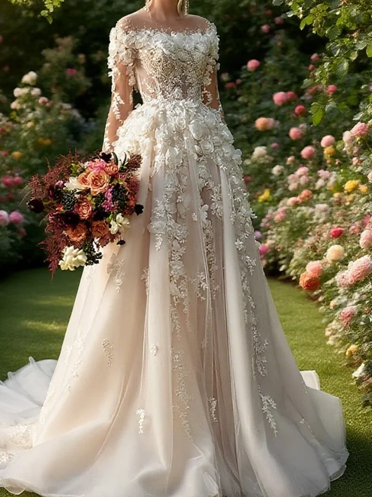 

Boat Neck Long Sleeve Vestido Lace Appliques Flowers Chic Custom Made Bridal Gown Elegant Wedding Dresses
