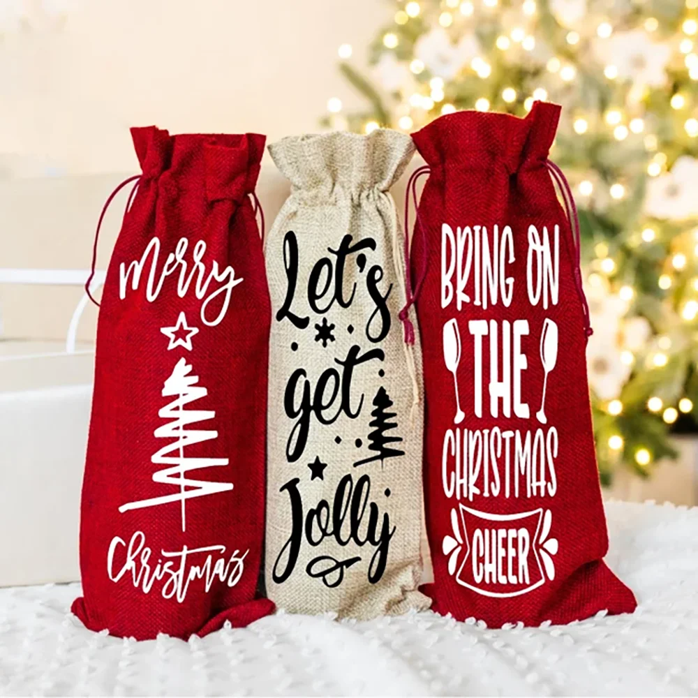 

3Pcs Let's Get Jolly Christmas Wine Bag Funny Burlap WIne Bag New Year Gifts for Friends and Colleagues Winter Reunion Accessory
