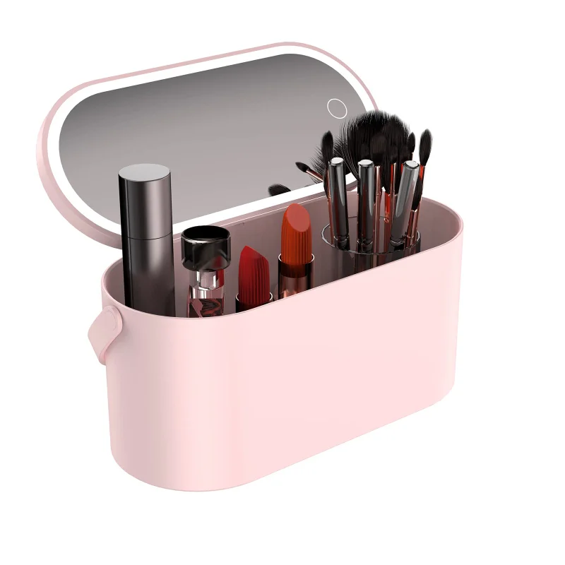 Makeup Storage Box with LED Light Mirror Portable Travel Makeup Cosmetics Storage Box Touch Light Storage Organizer