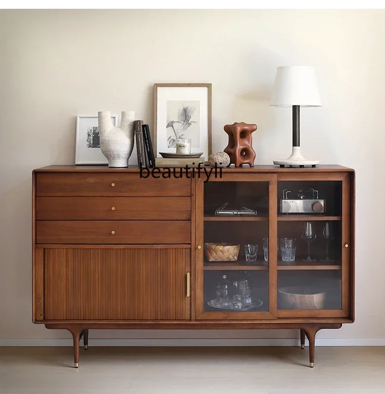 

Modern Minimalist Nordic Retro Solid Wood Industrial Glass Sliding Door Solid Wood Sideboard living room furniture