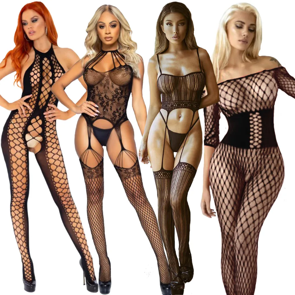 Sexy Lingerie Bodystockings Women Fishnet Open Crotch Catsuit Mesh Tights Lingerie Erotic Jumpsuit Bodysuit Teddie