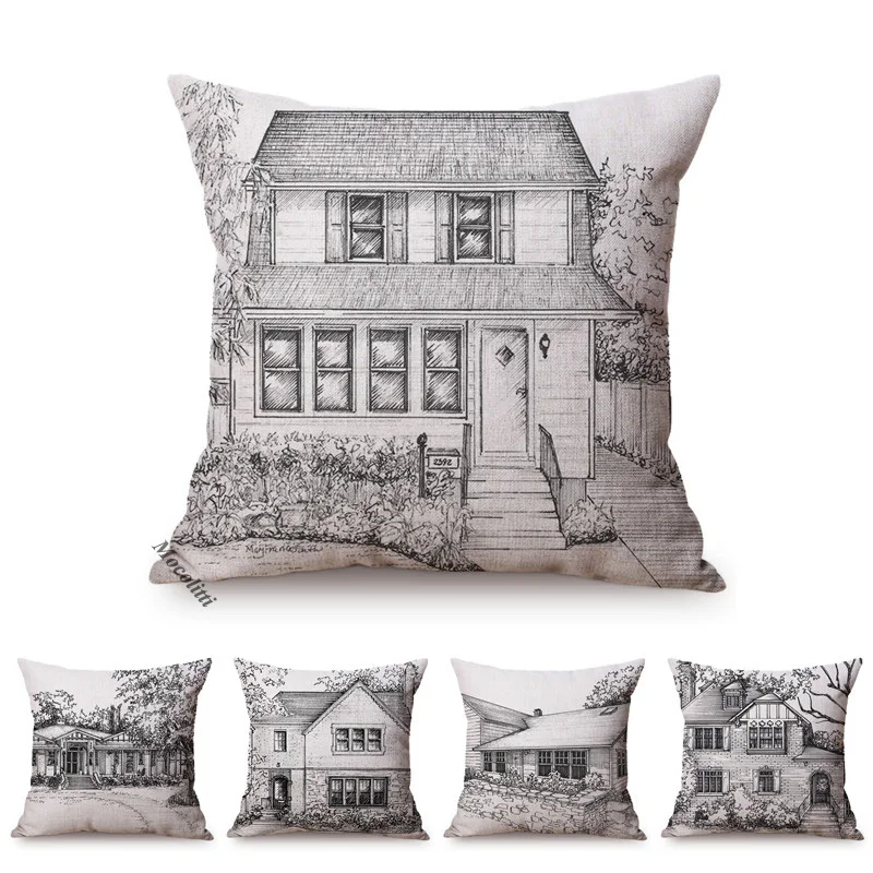 Vintage House Sketch Art Style Home Decoration Cushion Cover American Sutra Build Cotton Linen Sofa Throw Pillow Case cojines