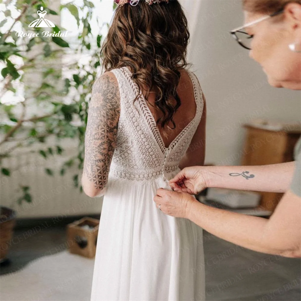 Personalizar Boho una línea cuello en V vestido de novia Simple nueva llegada espalda abierta con botones vestidos de novia vestido boda invitada mujer