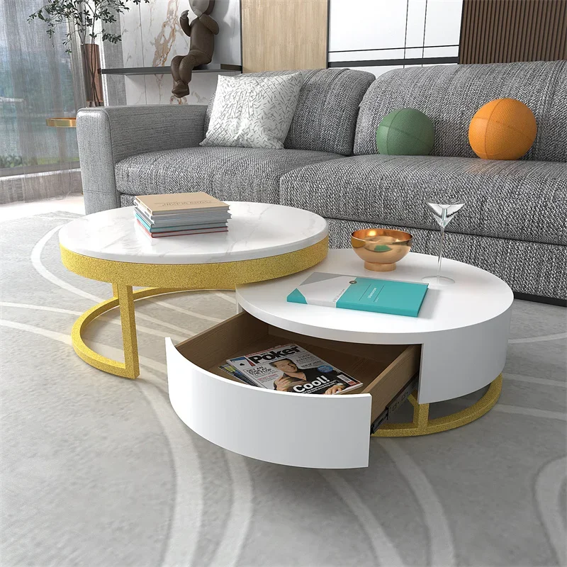 

Luxury Simple Round Nested White Faux Marble Nesting Coffee Table With Rotatable Lift Drawer