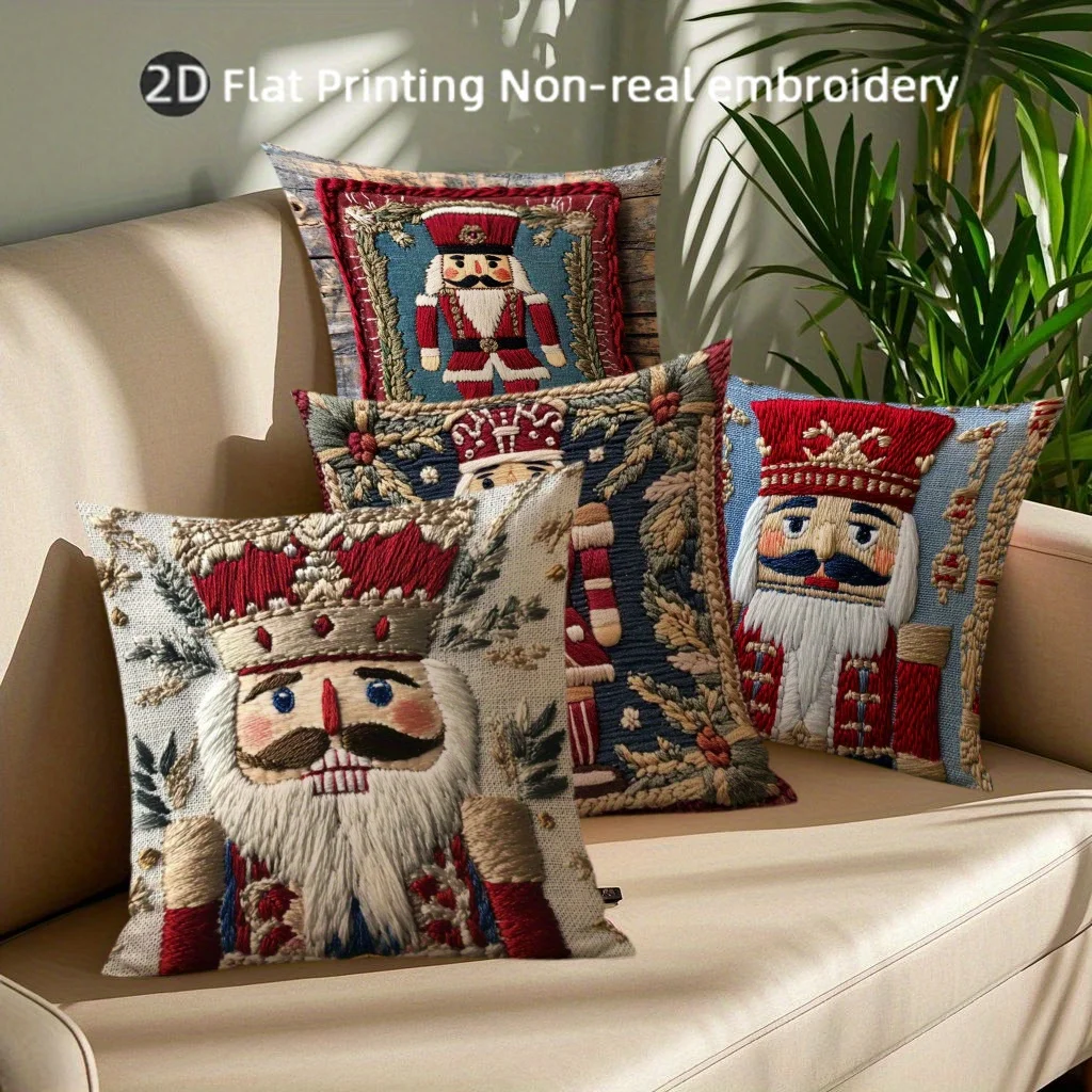 4-Pack Nutcracker Embroidered Pillow Covers, Woven Polyester, Machine Washable, Zipper Closure, for Sofa Home Decor