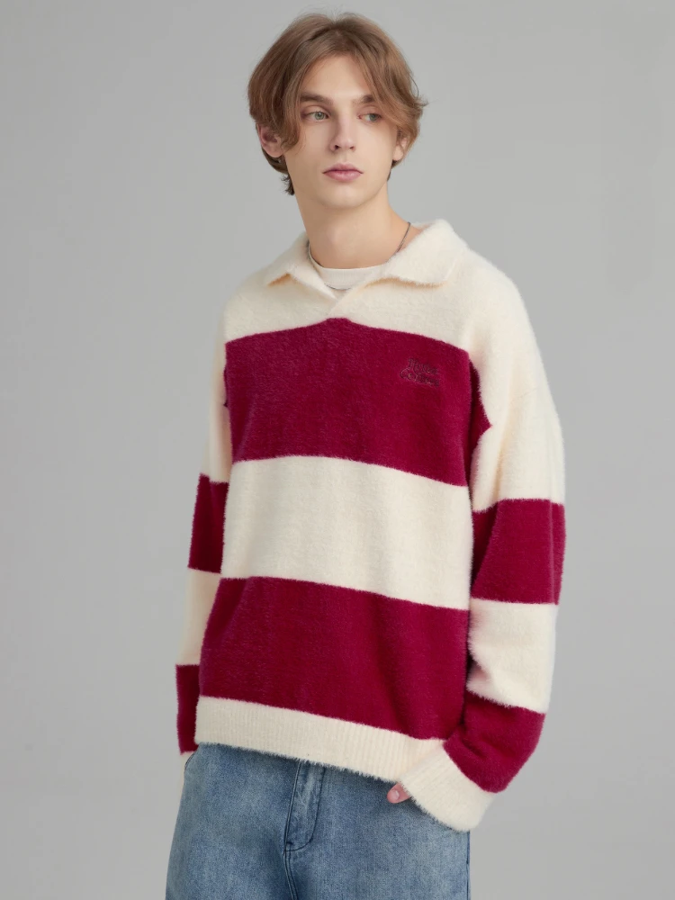 

Pullover Striped Lapel Sweater Men's Ginger Sweater Mink-like Warm Couple Spring Autumn American Retro Loose Fashion All-Match