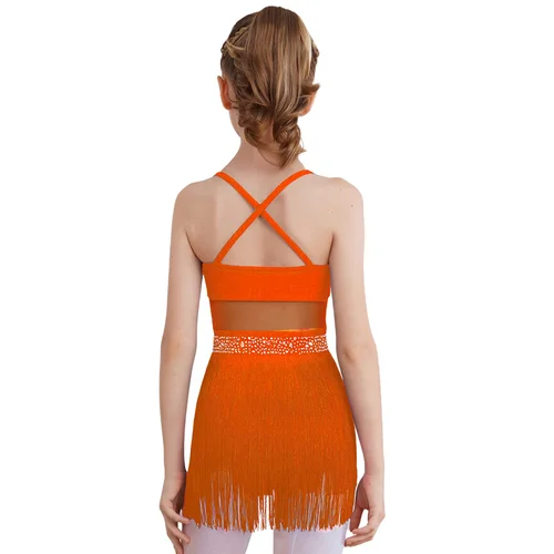 Imagen 2 del producto Vestido de leotardo de baile latino de tango para niñas con pedrería, malla transparente, patchwork, flecos escalonados y borlas, body para jazz y salsa