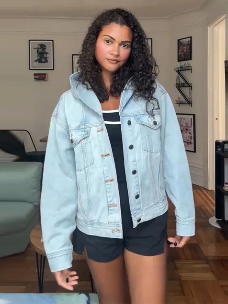 

Street Hooded Demin Jacket Women Casual Long Sleeve Pocket Single Breasted Patchwork Female Coat 2025 Autumn Solid Lady Outwears