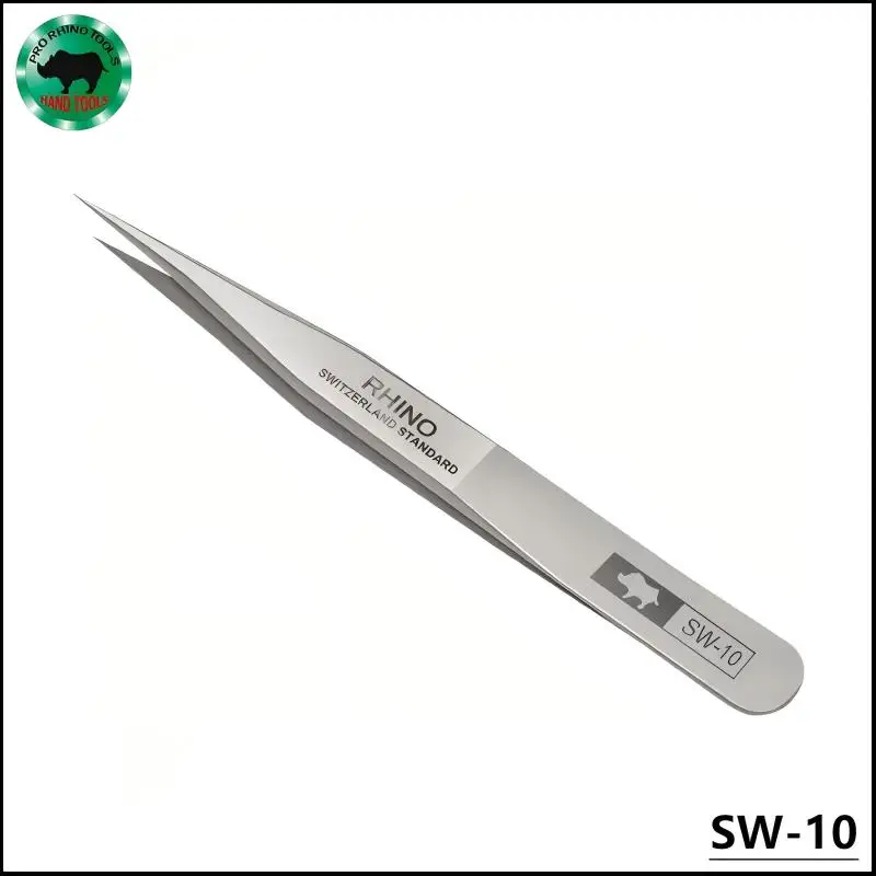 Japan Rhino SW Series Precision Tweezers - Anti-Mag, Acid-Resistant, Frosted | Straight/Angled for Electronics, Lab SW-10