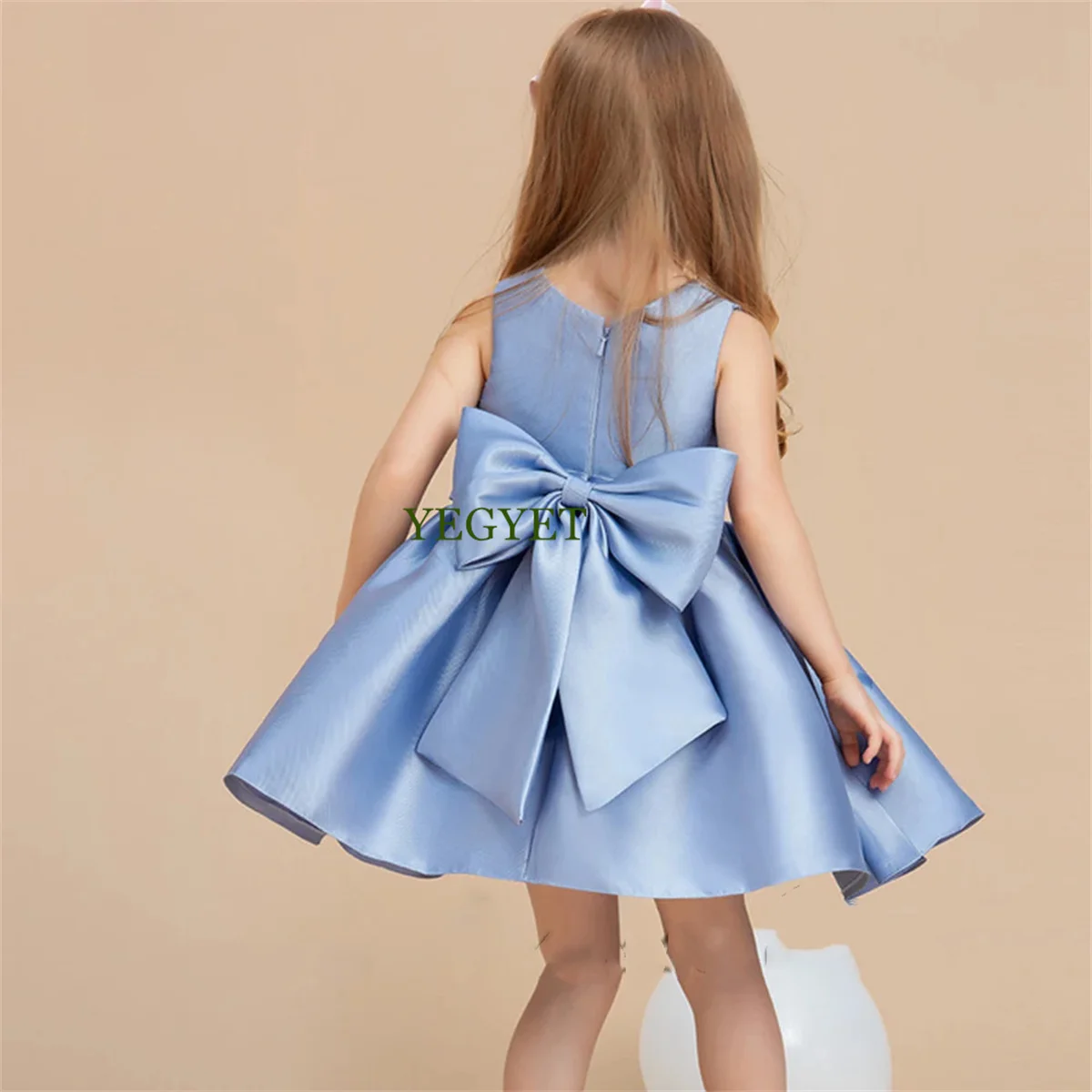 CustoBlue Satin Beaded Flower Girls Dress for Wedding O-Neck Sleeveless Mini with Bow Short Cute Baby Birthday Gowns Party Dress