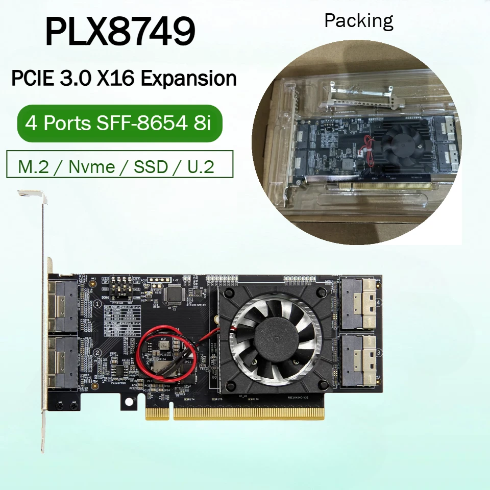 PLX8749 Pcie 3.0 X16 Expansion Card 8* M.2 Nvme Ssd U.2 GPUs, External Graphics Card Intergrated Module Free-Split 4xSFF-8654 8i