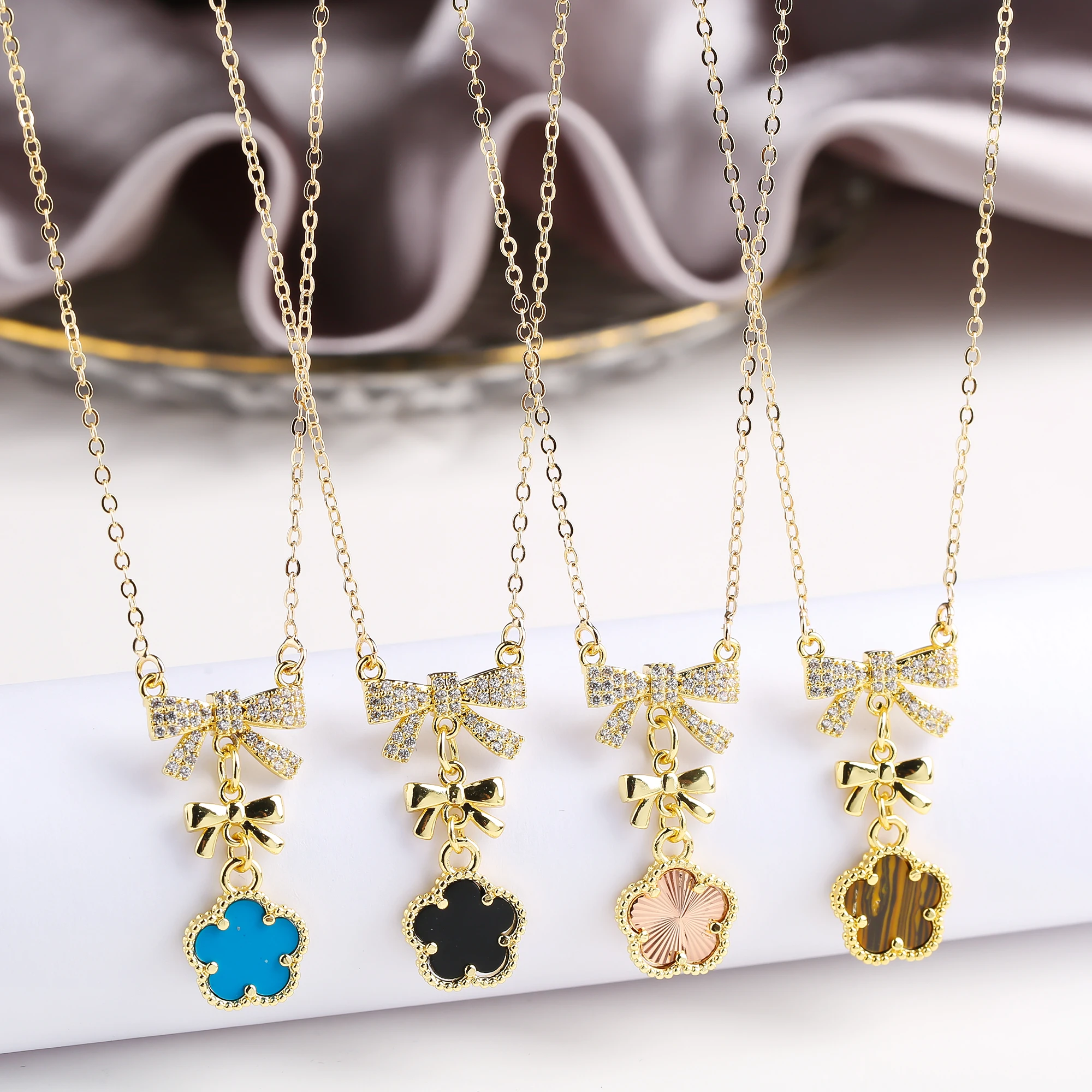 High Quality 10 Color Shiny Zirconia Butterfly Pendant Necklace Fashion Woman Five Leaf Flower Stone Jewelry Choker Chain Clover