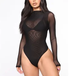 Sexy Women Sheer Transparent Bodysuit Summer Solid Color Long Sleeve Jumpsuits Bodysuits Female Clothing