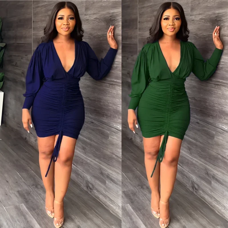 GUWU Lente Lange Mouw Trekkoord Ruches Wrap Mini Jurk Vrouwen Sexy Diepe V-hals Bodycon Bandage Clubwear Feestjurk
