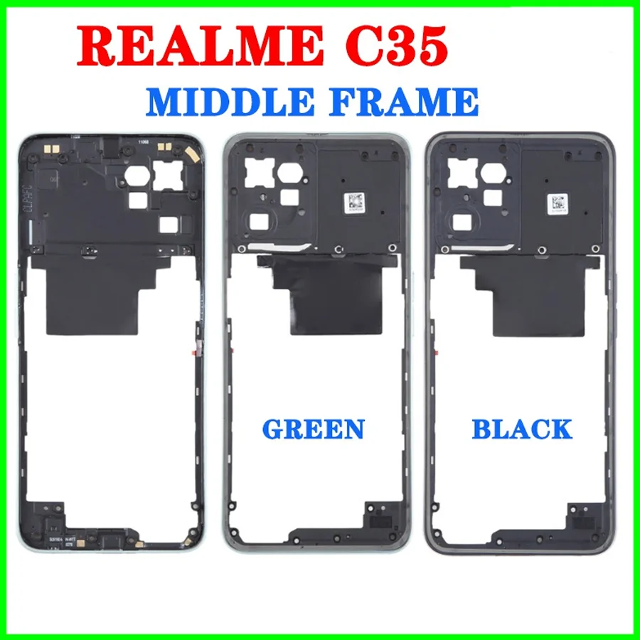 For Realme C35 LCD Front Middle Frame Bezel Set RMX3511 Power Button Battery Back Cover Rear Door Housing