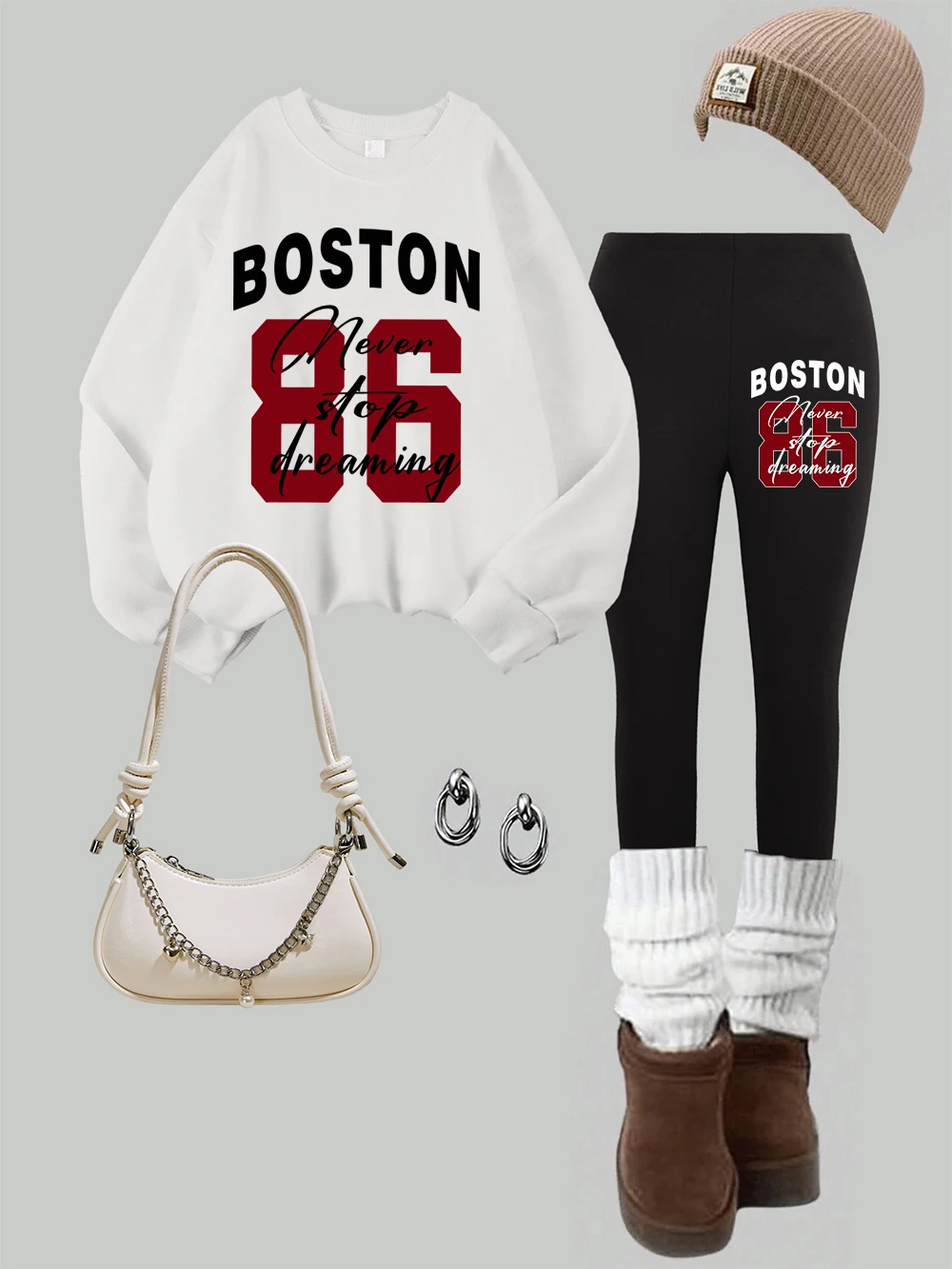 2 Piece Women Boston Never Stop Printing Sweatshirts Leggings Set Winter Fleece Warm Hoodie Pants Casual Womans Jogging Clothes