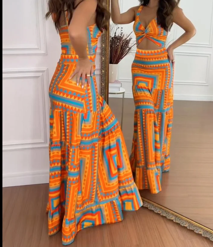 

2 Pieces Outfit for Summer Dresses New Fashion Women V-Neck Thick Strap Criss Cross Crop Top & Geometric Print Maxi Dress Set