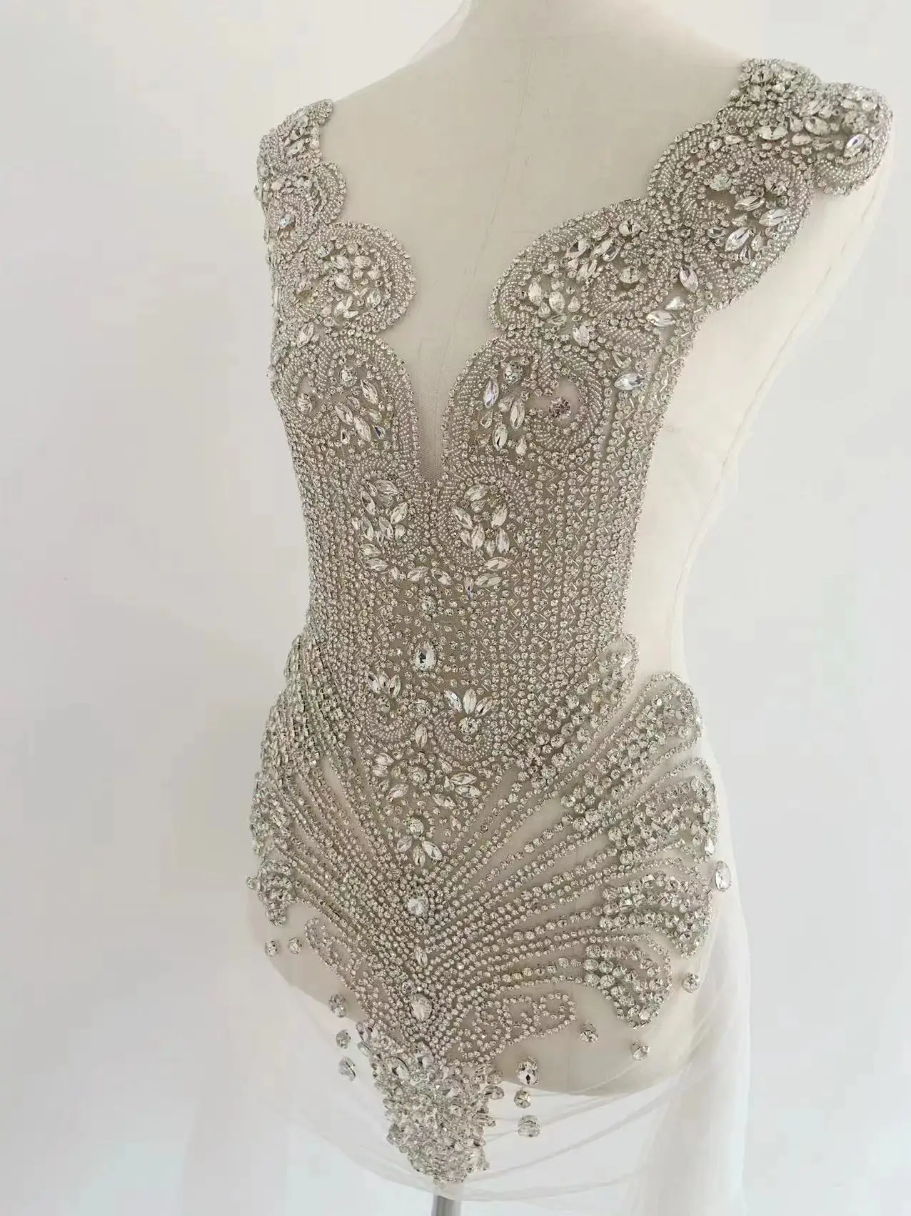 Large Silver Rhinestone Applique Luxurious Sparkle Clear Diamond Crystal Beaded Bodice Mesh Patch for Couture,Ball Gown