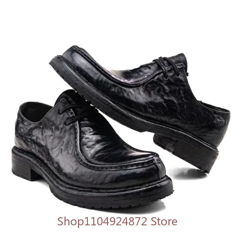 Handmade Leather Shoes  Men's Washed Workwear Genuine Leather Casual Business Round Toe Derby Shoes Male Loafers Wedding