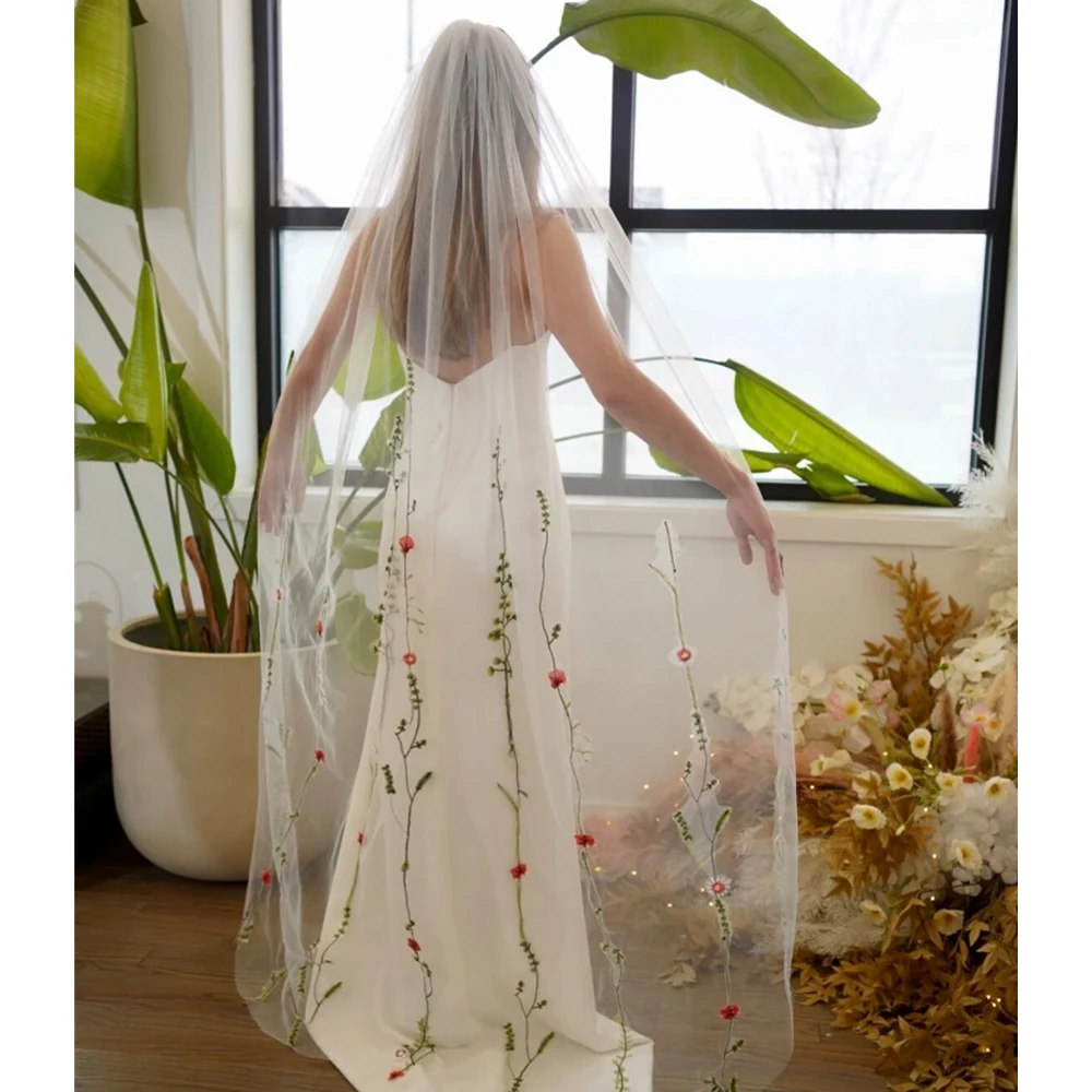 刺繍レースアップリケブライダルウェディングベールコーム付きフロアレングスワンレイヤー結婚ブライダルベールアクセサリー