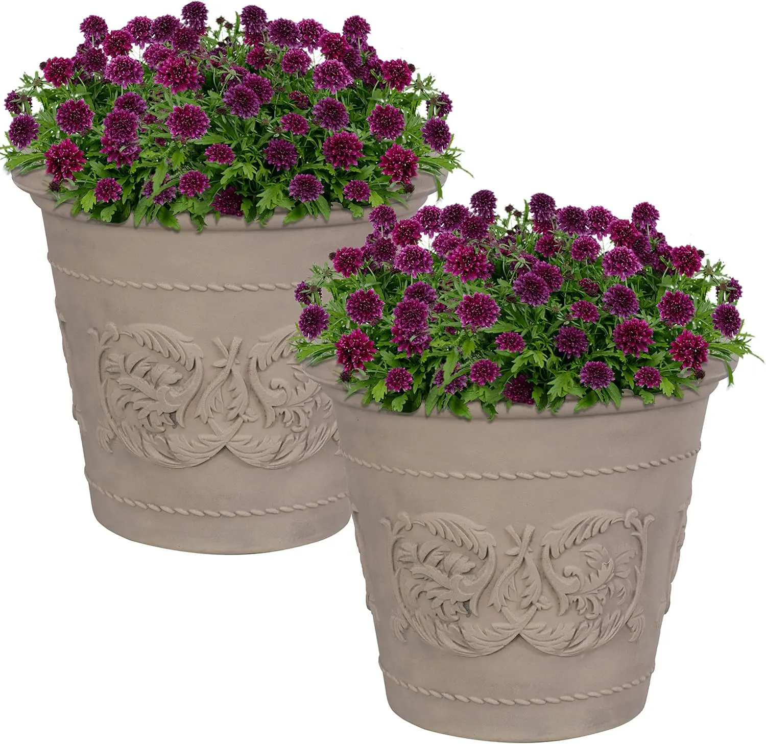 19.5 Inch Large Round Plastic Planter Pot, Set of 2 Indoor‑Outdoor Plant Container for Flowers, Shrubs and Greenery, Beige