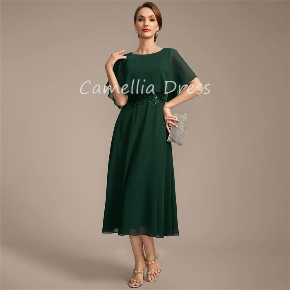 Elegant Scoop Neck Mother Of The Bride Dress A-line Tea-Length Chiffon Formal Dresses Appliques Vestidos Mae Da Noiva Casamentos