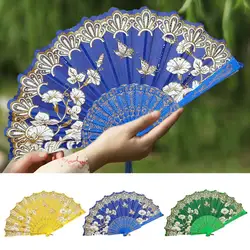 Handheld Fan Vintage Bright Color Exquisite Pattern Cloth Retro Chinese Style Folding Fan Photography Prop
