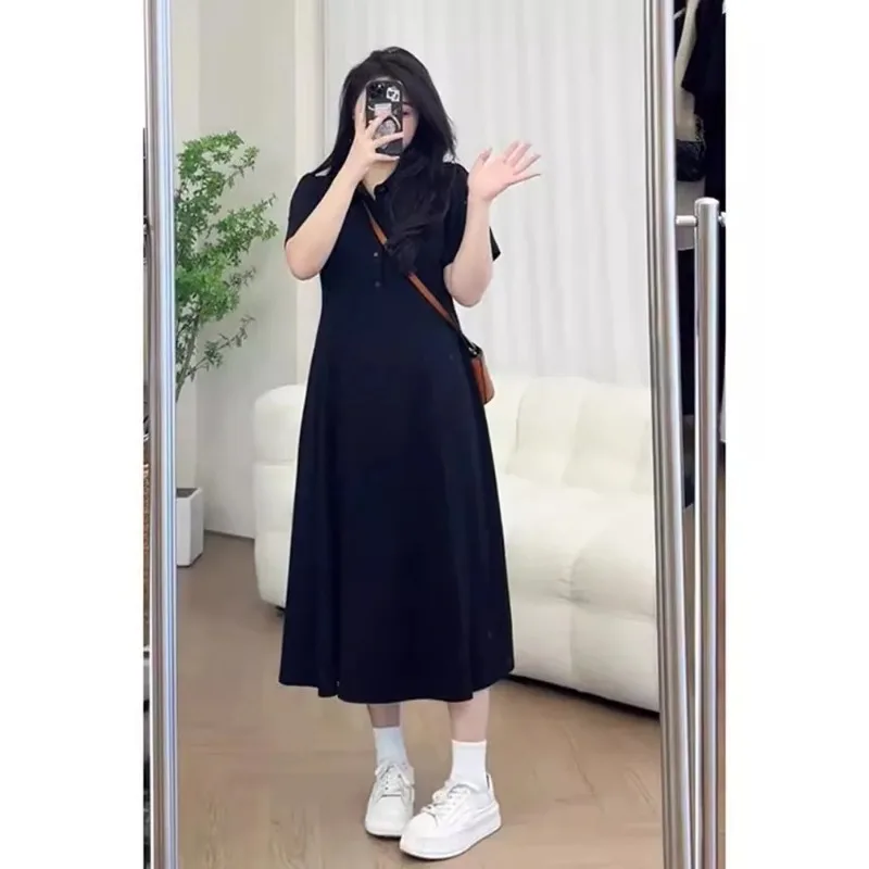 Women's French Style Polo Maxi Dress Summer Plus Size For Slimming Tummy Control Waist Dress In Black