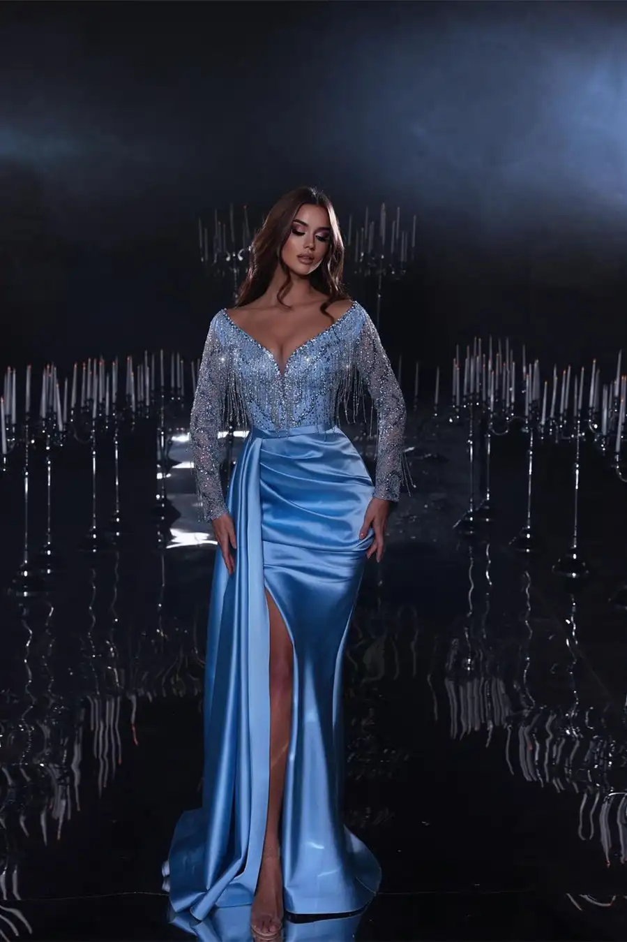 Fashion Gorgeous Floor-length Fishtail Blue V-Neck Sequin Rhinestone Split Long Sleeve Prom Dresses