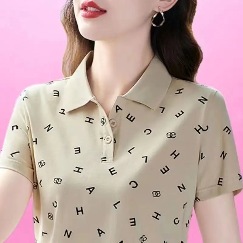 

New Summer Women's Polo Neck Short Sleeve Loose Plus Size Classic Pullovers Printed Letter Fashion Casual All-match Tops