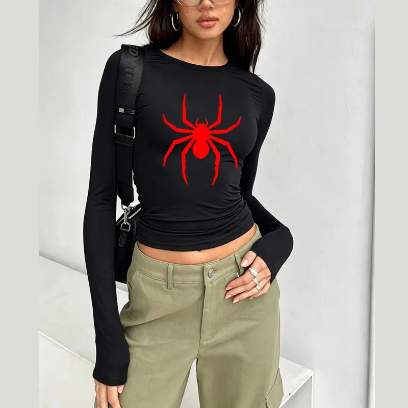 Funny Spider Print Spring Autumn Women T-Shirt Causal Long Sleeve Crop Tops O Neck Pullovers Tees Slim Fit T Shirt