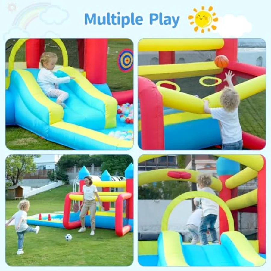 6in1 Opblaasbaar Springhuis voor 36 Springkasteel met Glijbaan Basketbalring Voetbaldoel Dartbord Trampoline Springkasteel fo