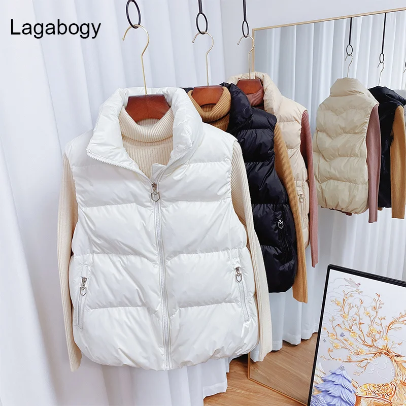 

Vest Lagabogy 2023 Warm Women Autumn Down Puffer Jacket Solid Stand Collar Zipper Outwear Female Loose Short Casual Waistcoat