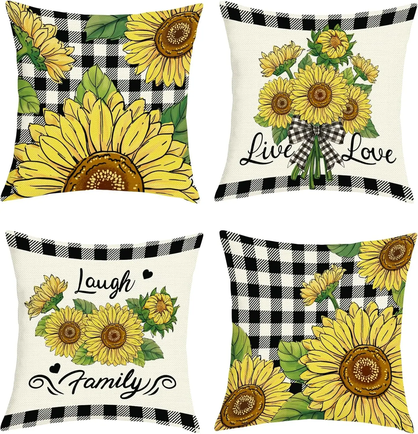 4pcs Sunflower Buffalo Plaid Live Love Laugh Family Floral Printed Pillow Cover Polyester Cushion Case 2D Flat Farmhouse Now