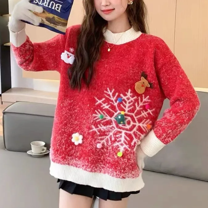 

Autumn and Winter Thick Christmas Elk Red Sweater for Women 2025 New Style Loose Jacket Knitted Sweater