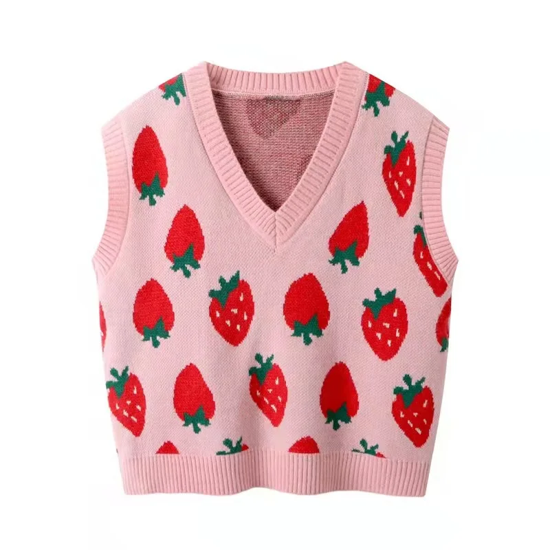 

2024 New Strawberry Knitted Vests Fall Women Simple V-neck All Match Sleeveless Sweater Sweet Office Lady Waistcoats Spring