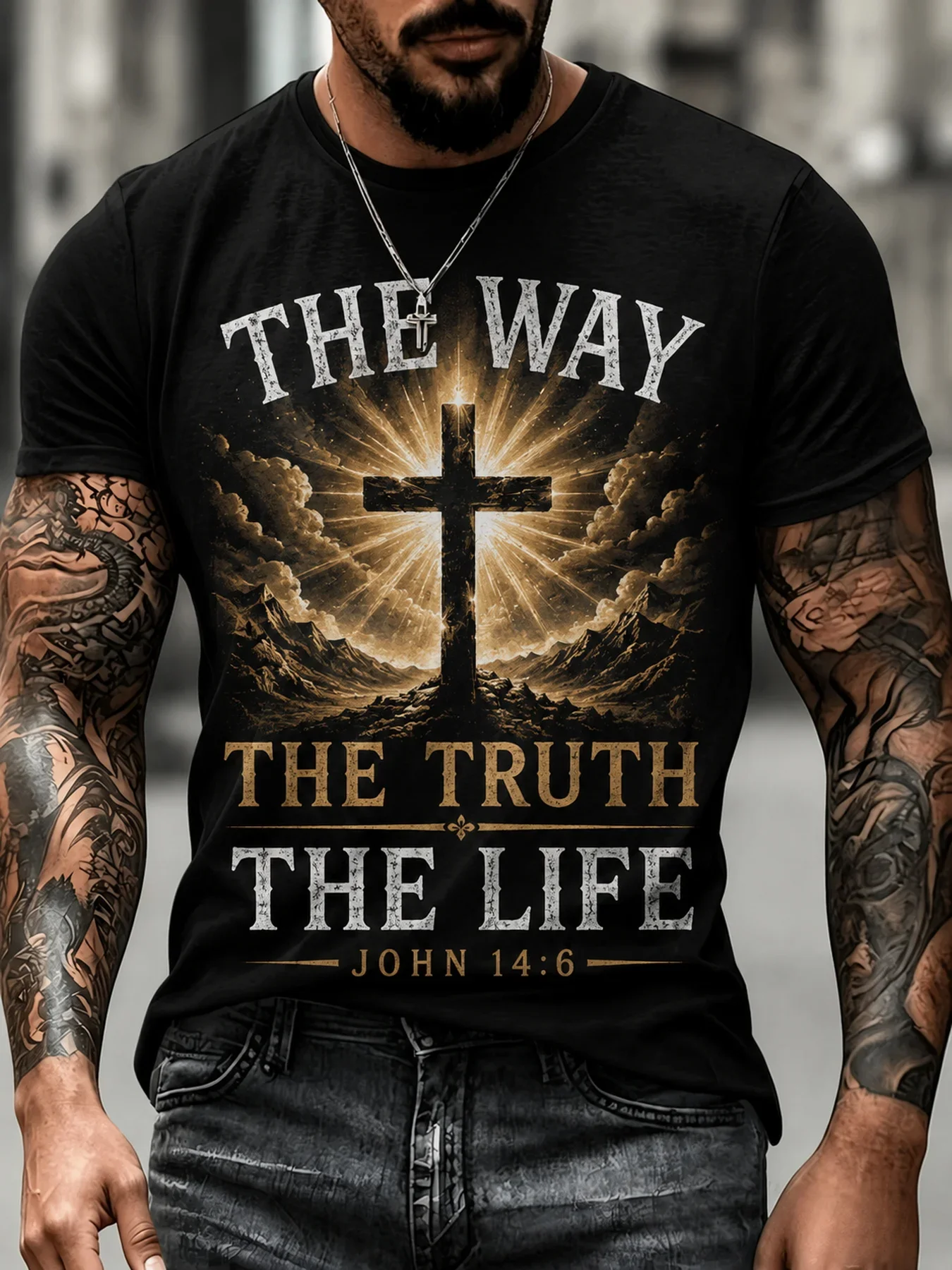 Vintage Men The Way The Truth The Life Cross Graphic T‑Shirt John 14:6 Bible Verse Faith Short Sleeve Crew Neck Tee