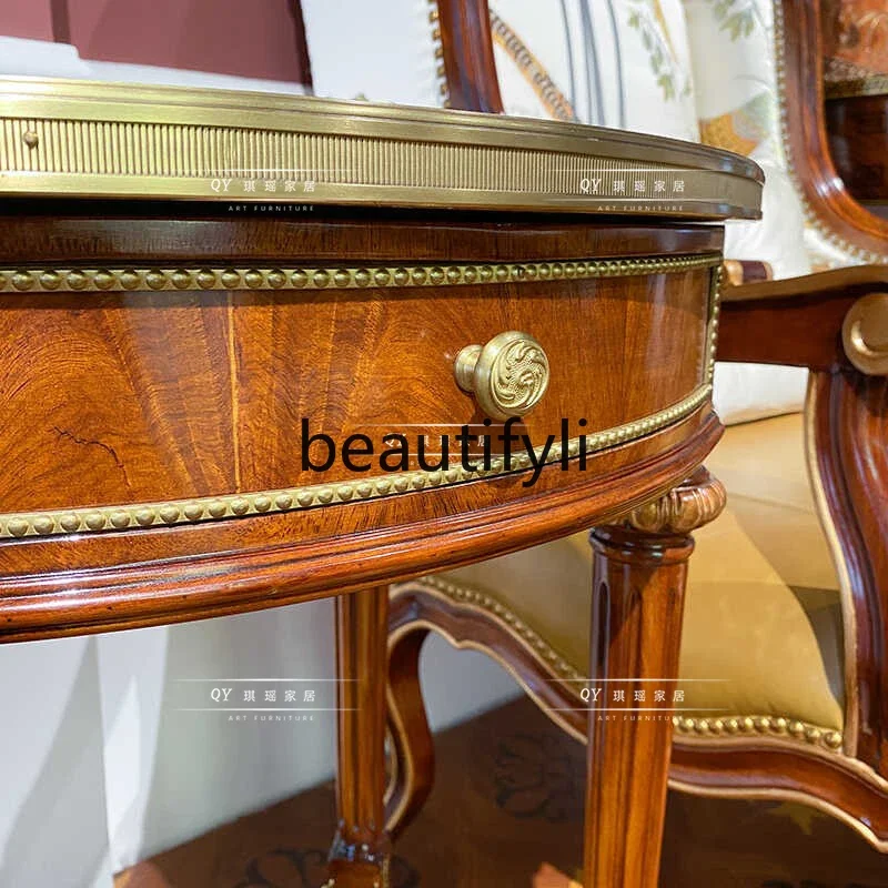 yj9 English Classical Mahogany Round Corner Table Pure Copper Decorative Piece Coffee Table Sofa Side Table