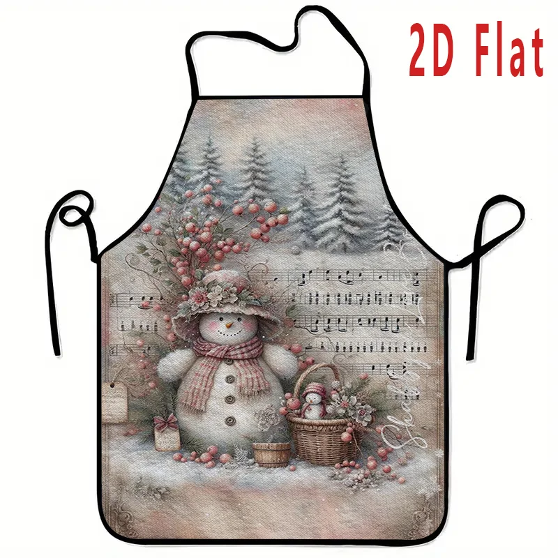 

1 шт. зимний фартук со снежной сцены, прочный моющийся многоразовый кухонный фартук для вечеринки со снеговиком, шляпа Санта-Клауса, сосны, дизайн нот