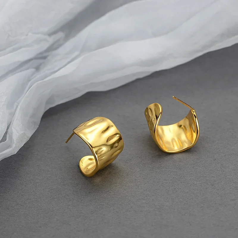 

9999 Real Gold 24K Niche Design High-end Irregular Pleated C-type Stud Earrings Retro Lazy Style Irregular Metal Earrings