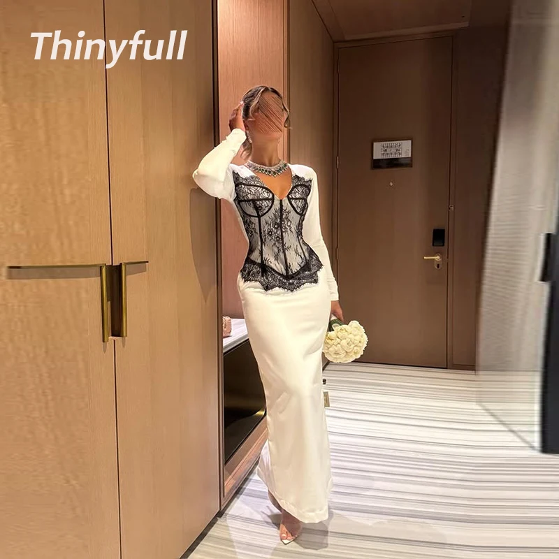 

﻿ Thinyfull Mermaid Prom Dress V-neck Full Sleeves Satin/Lace Dubai Evening Party Dress 2026 Formal Occasion Gown Customized